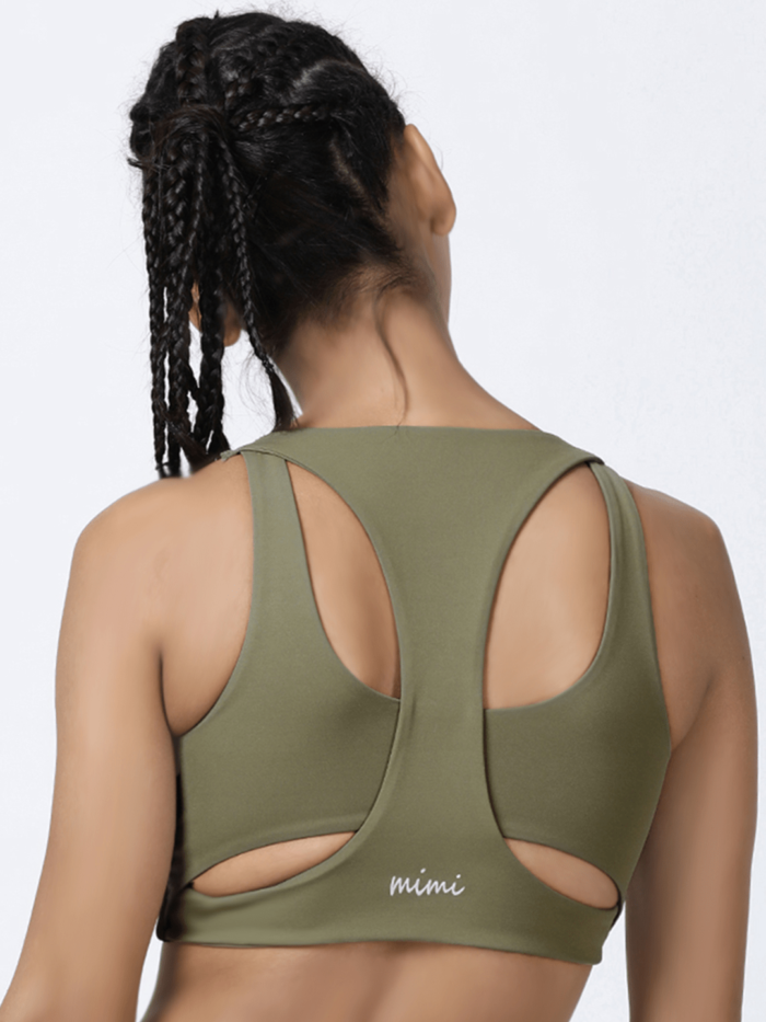 Mimi by Michelle Salins High Support Racer Back Nylon Sports Bra For Women- Olive Green