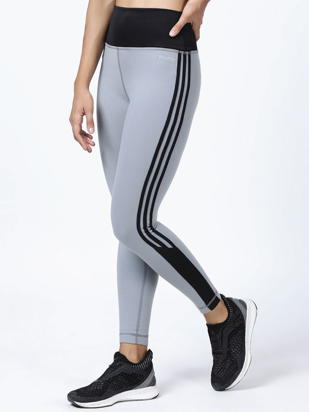 Vertical Striped Leggings for Women - Elongate Forever in Cement and Black